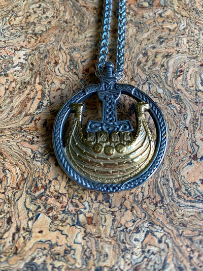 Heavy Golden Longship Viking Necklace