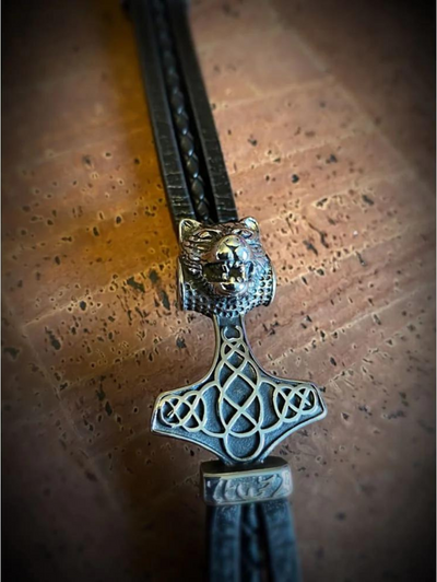 Viking Leather Bracelet - Mjolnir Wolf