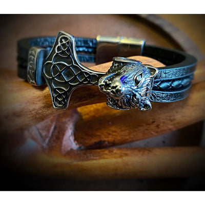 Viking Leather Bracelet - Mjolnir Wolf